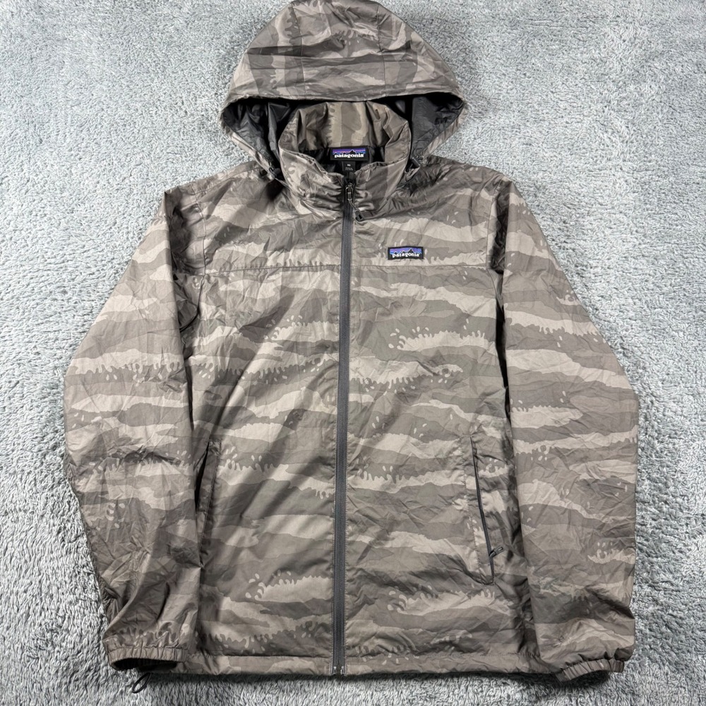 Patagonia Light and Variable Jacket Men XS Grey Camo Full Zip Hooded Windbreaker